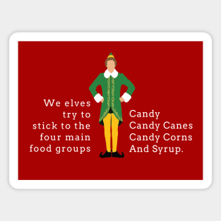 We elves try to stick to the four main food groups:  Candy, Candy Canes, Candy Corns, and Syrup. Magnet